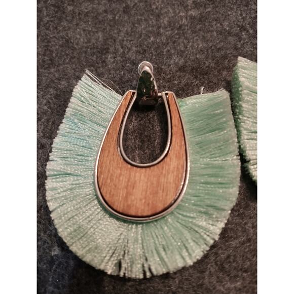 Turquoise Tassel Earring in Silver Tone with Wood Accent Post Backs - Picture 4 of 7